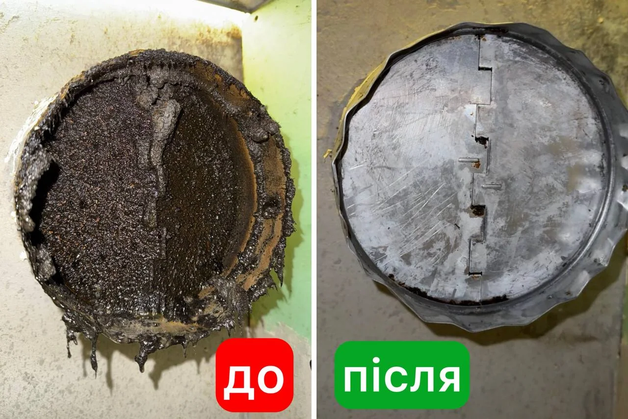 Grease buildup in an exhaust duct before and after cleaning